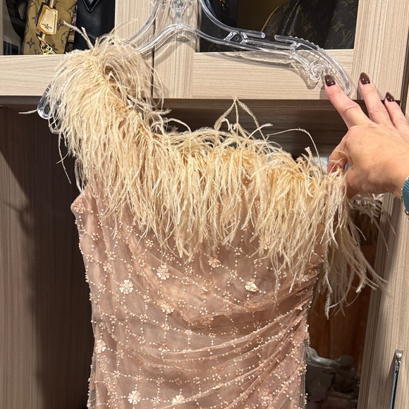 Mac Duggal Beige One Shoulder Dress with Feather Detail